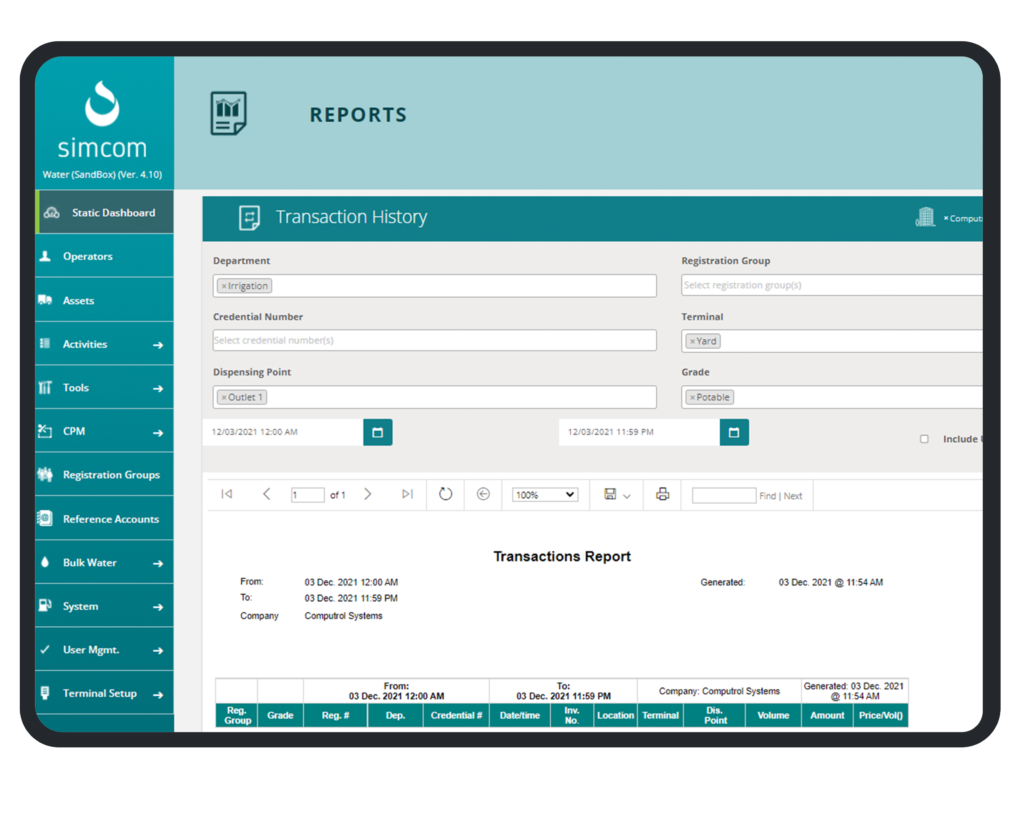 Simcom Water dashboard screen 3