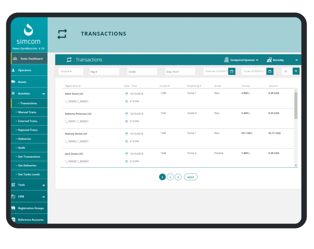 Simcom Water dashboard screen 4
